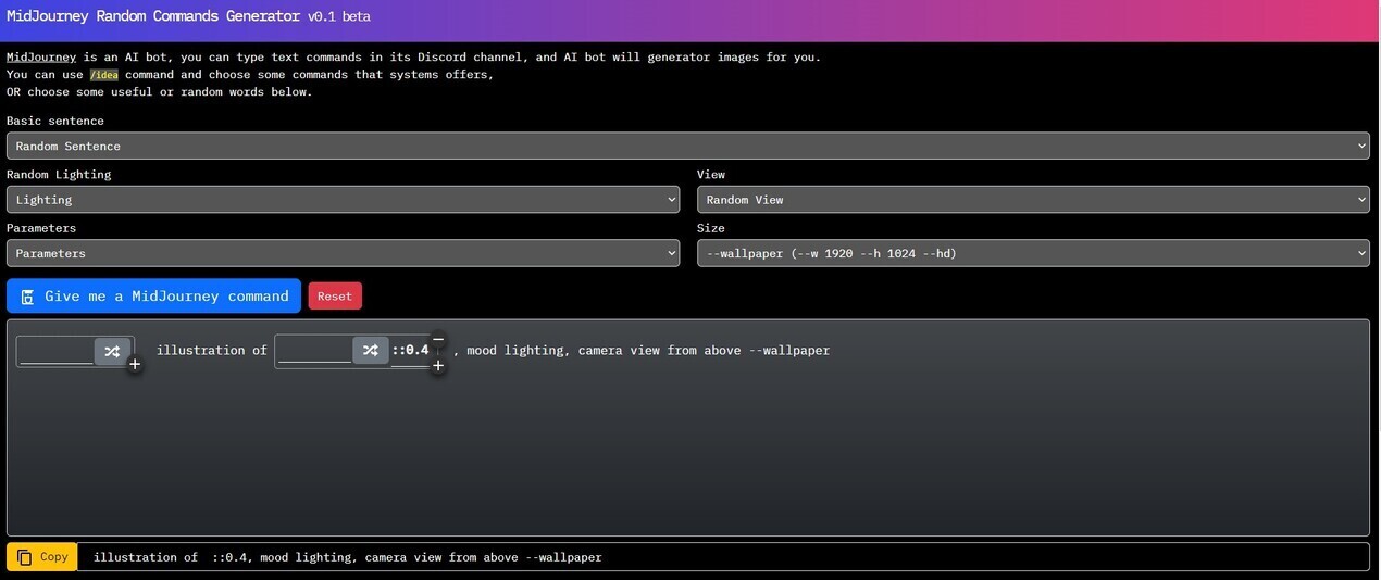 MidJourney Random Commands Generator gallery image