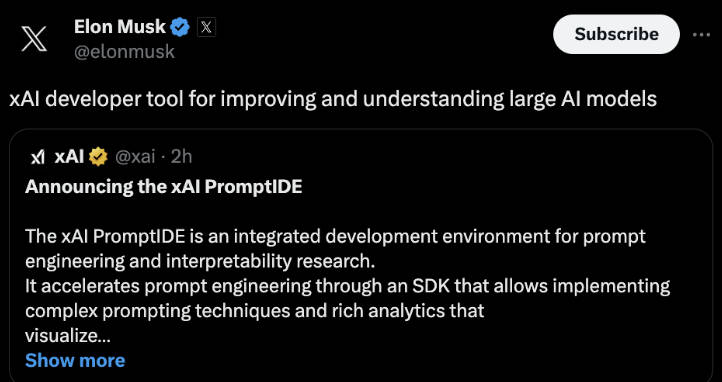 Musk’s xAI announces PromptIDE, a tool for prompt engineering and explainability research.