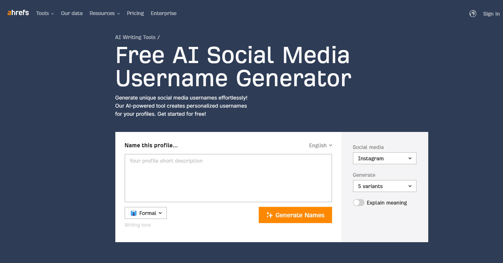 Ahrefs AI Social Media Username Generator gallery image